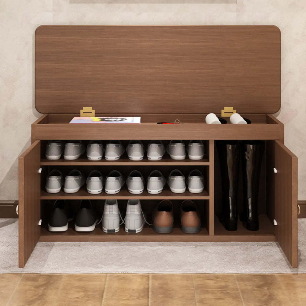 Banc d'entrée avec coussin en cuir, couvercle rabattable en bois et rangement intégré