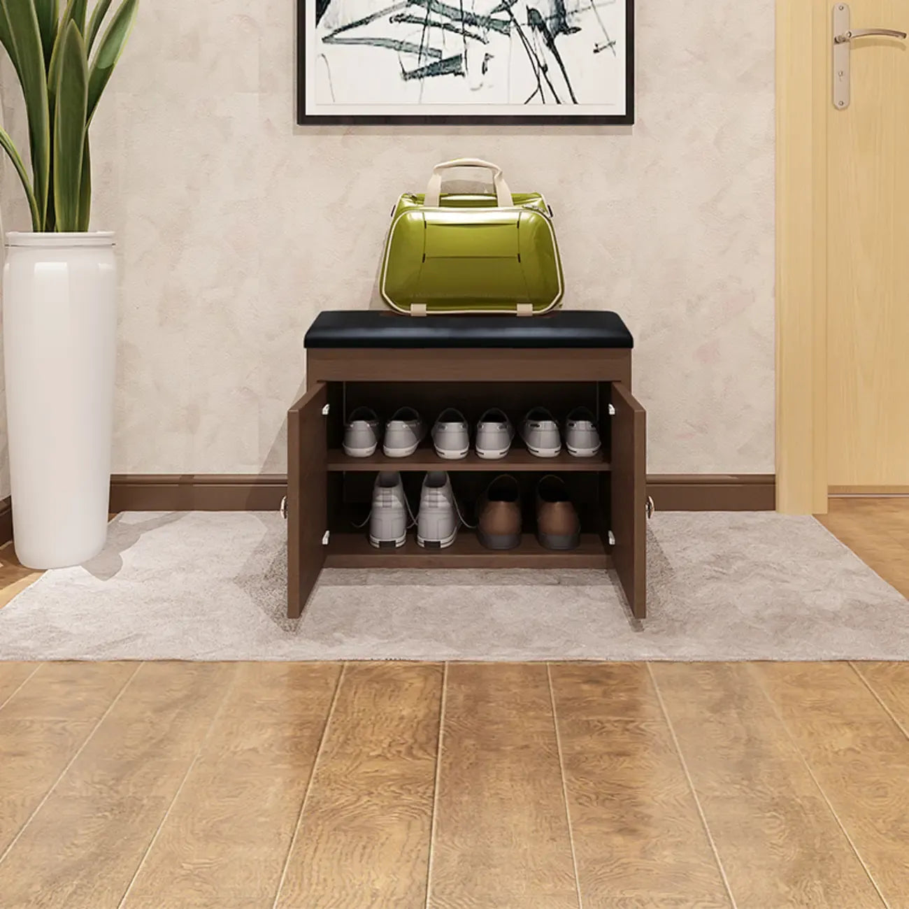 Banc d'entrée avec coussin en cuir, couvercle rabattable en bois et rangement intégré