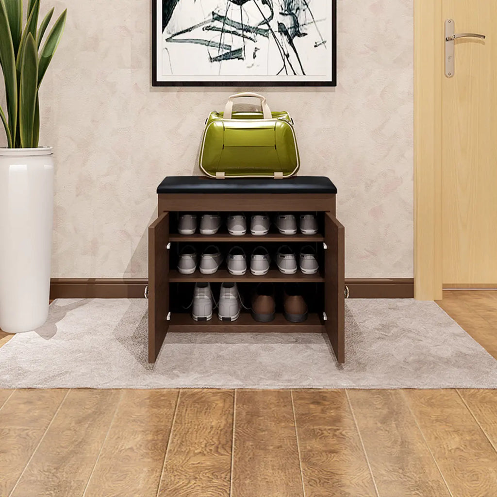 Banc d'entrée avec coussin en cuir, couvercle rabattable en bois et rangement intégré