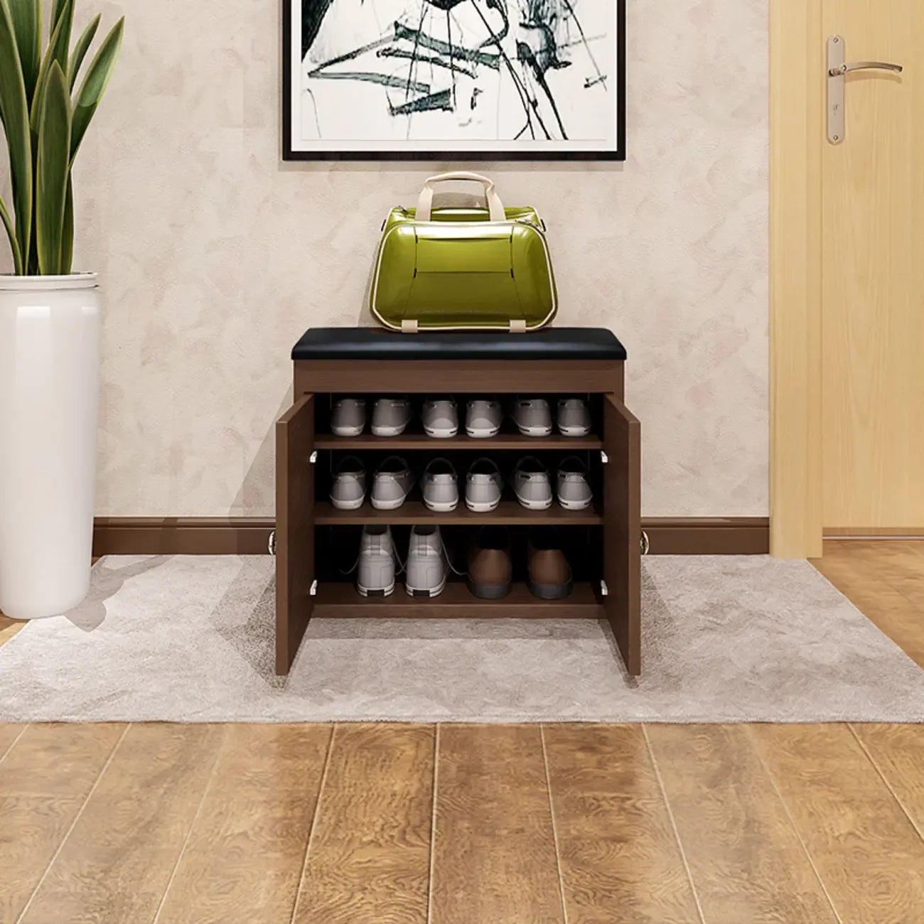 Banc d'entrée avec coussin en cuir, couvercle rabattable en bois et rangement intégré