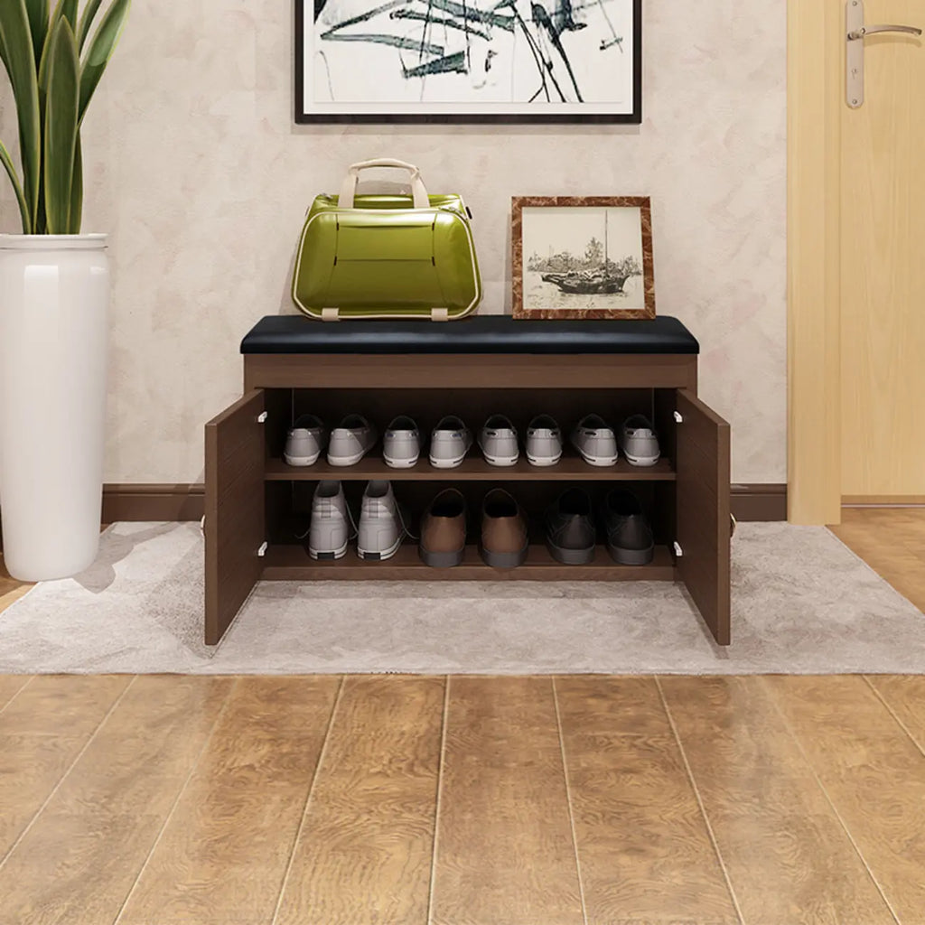 Banc d'entrée avec coussin en cuir, couvercle rabattable en bois et rangement intégré