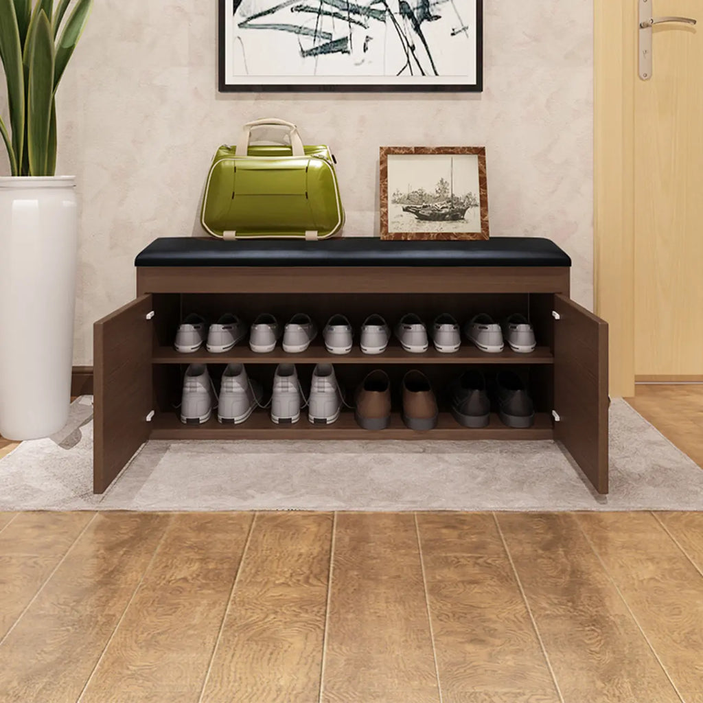 Banc d'entrée avec coussin en cuir, couvercle rabattable en bois et rangement intégré