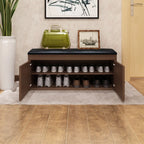 Banc d'entrée avec coussin en cuir, couvercle rabattable en bois et rangement intégré