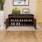 Banc d'entrée avec coussin en cuir, couvercle rabattable en bois et rangement intégré