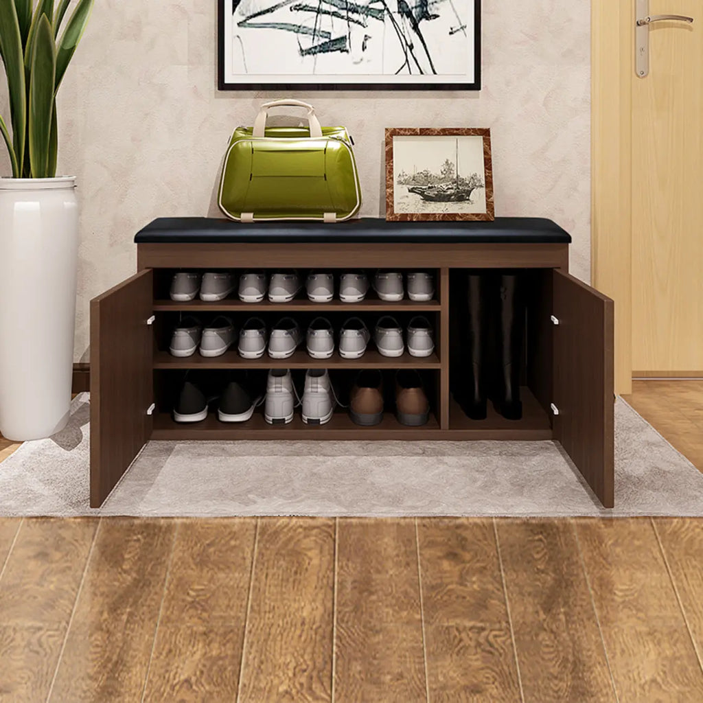 Banc d'entrée avec coussin en cuir, couvercle rabattable en bois et rangement intégré