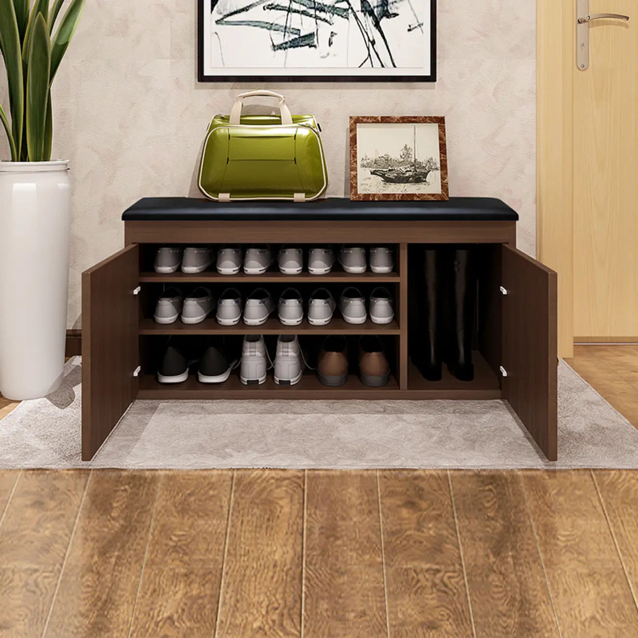 Banc d'entrée avec coussin en cuir, couvercle rabattable en bois et rangement intégré