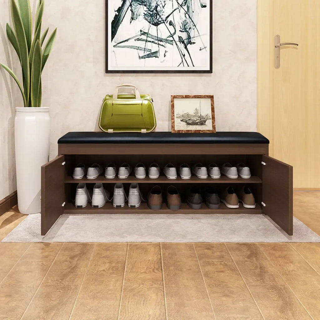 Banc d'entrée avec coussin en cuir, couvercle rabattable en bois et rangement intégré