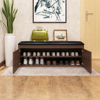Banc d'entrée avec coussin en cuir, couvercle rabattable en bois et rangement intégré