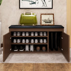 Banc d'entrée avec coussin en cuir, couvercle rabattable en bois et rangement intégré