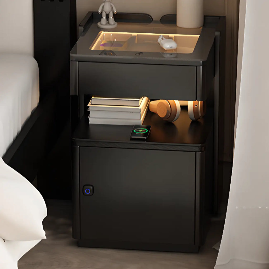 Table de chevet moderne avec tiroir et porte USB intégrés, plateau en verre noir et armoire