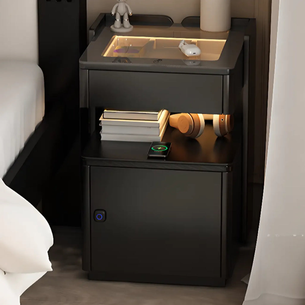 Table de chevet moderne avec tiroir et porte USB intégrés, plateau en verre noir et armoire