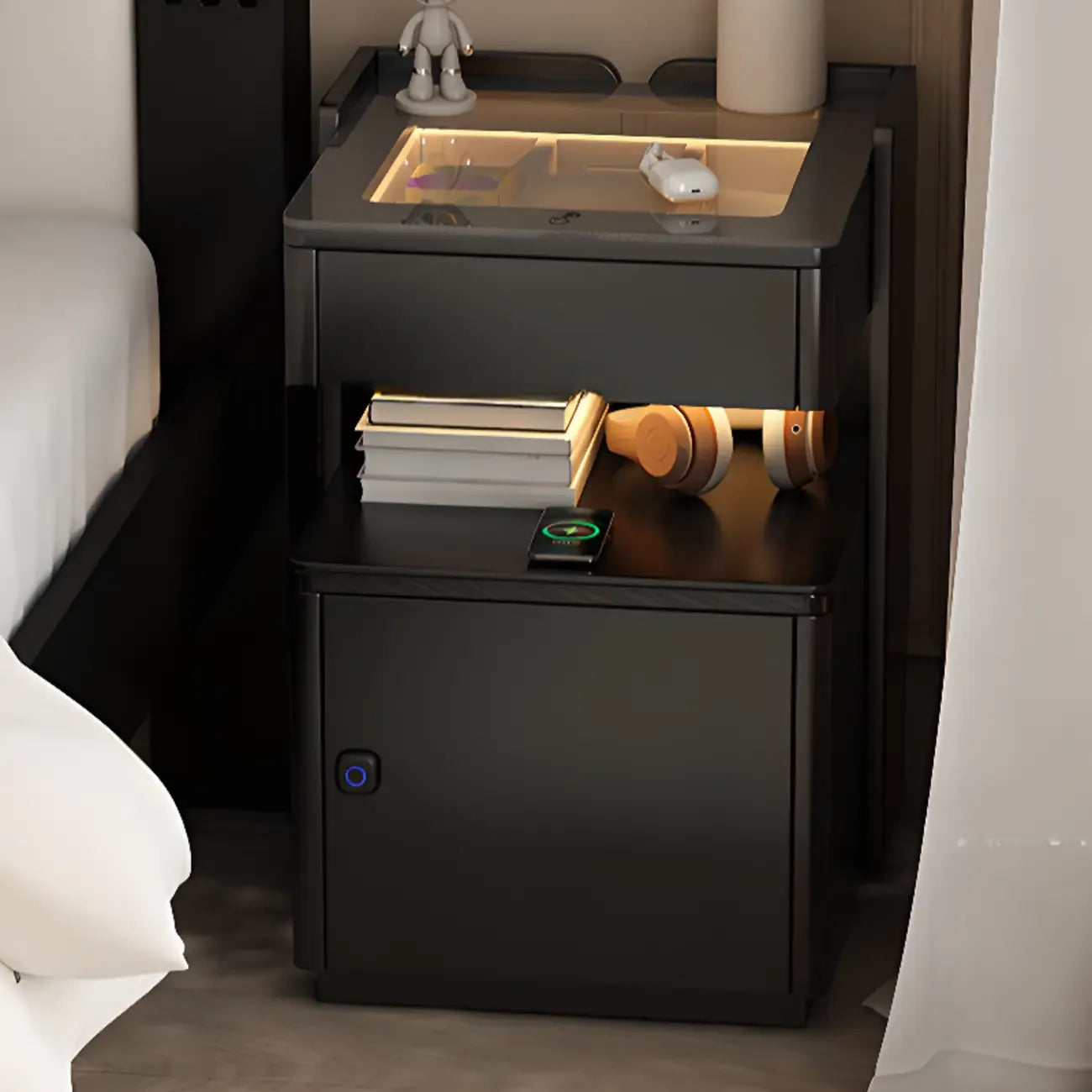 Table de chevet moderne avec tiroir et porte USB intégrés, plateau en verre noir et armoire
