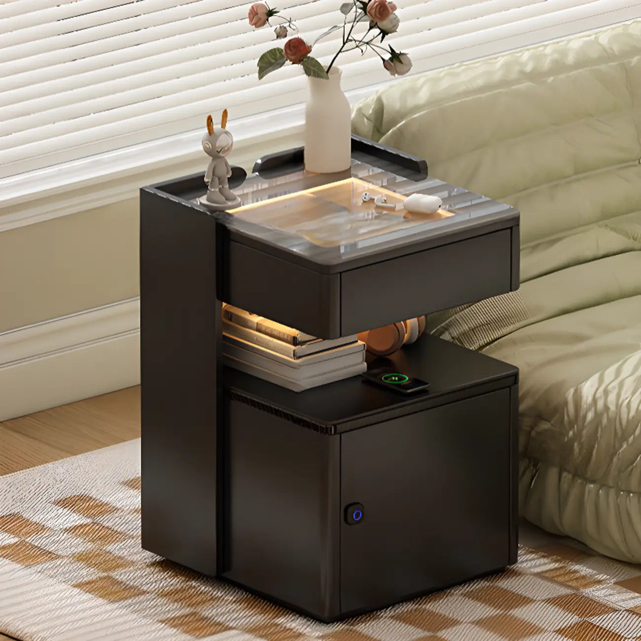 Table de chevet moderne avec tiroir et porte USB intégrés, plateau en verre noir et armoire