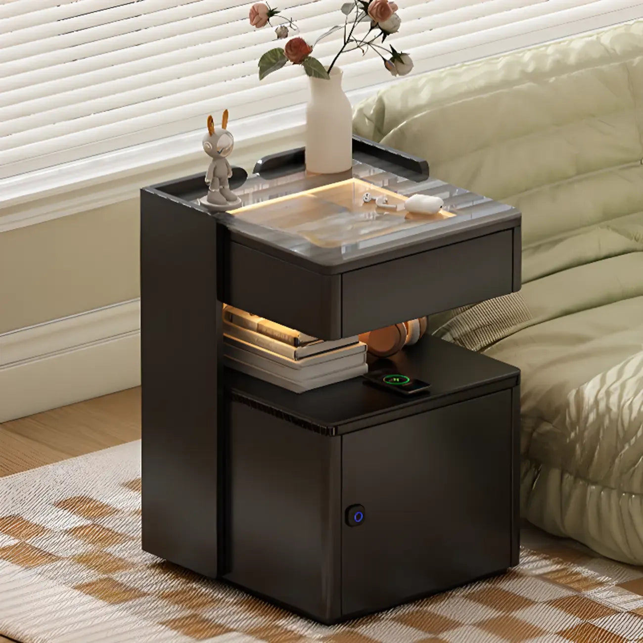 Table de chevet moderne avec tiroir et porte USB intégrés, plateau en verre noir et armoire