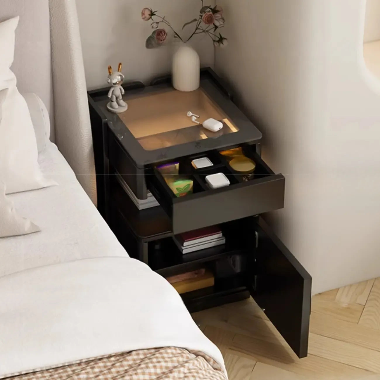 Table de chevet moderne avec tiroir et porte USB intégrés, plateau en verre noir et armoire
