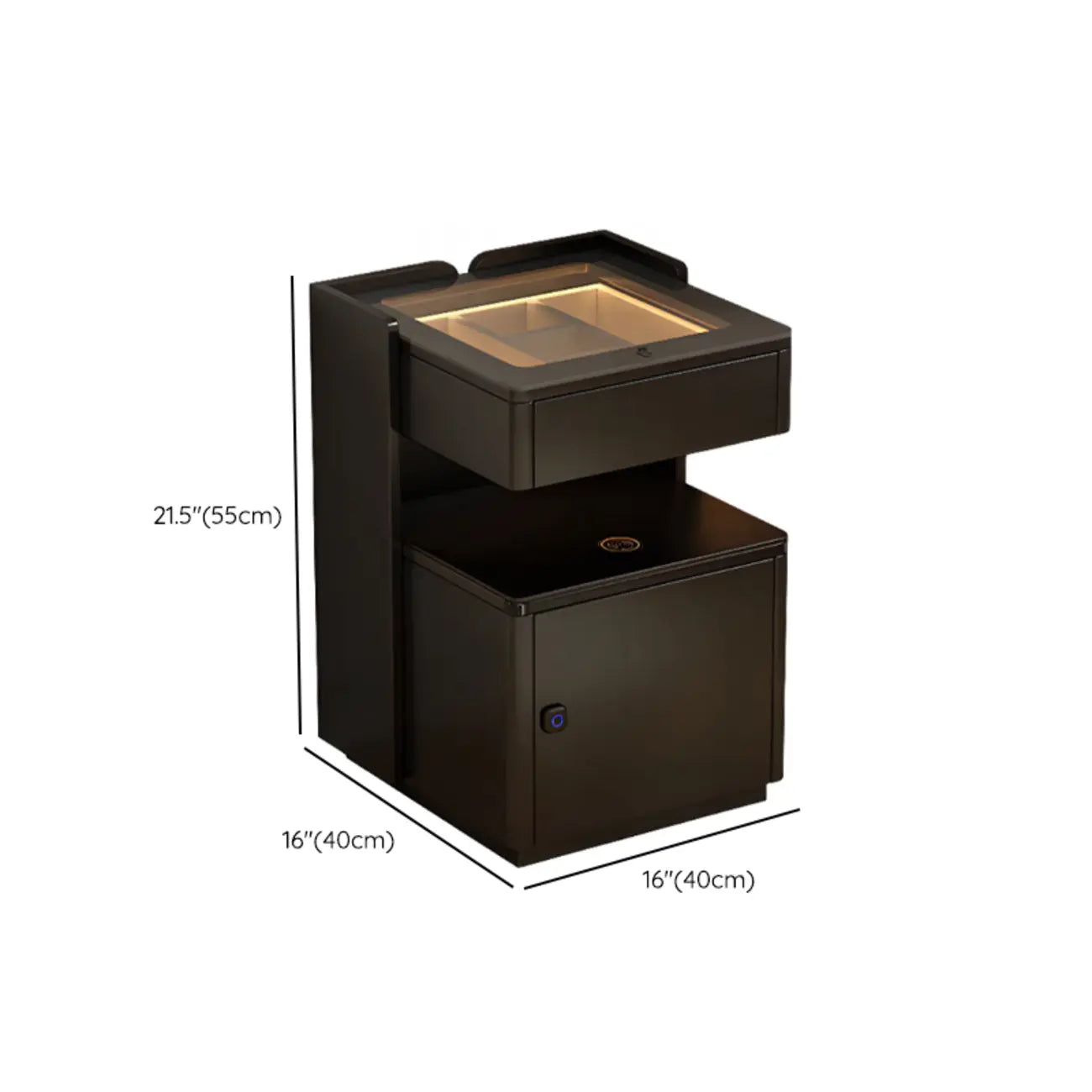 Table de chevet moderne avec tiroir et porte USB intégrés, plateau en verre noir et armoire