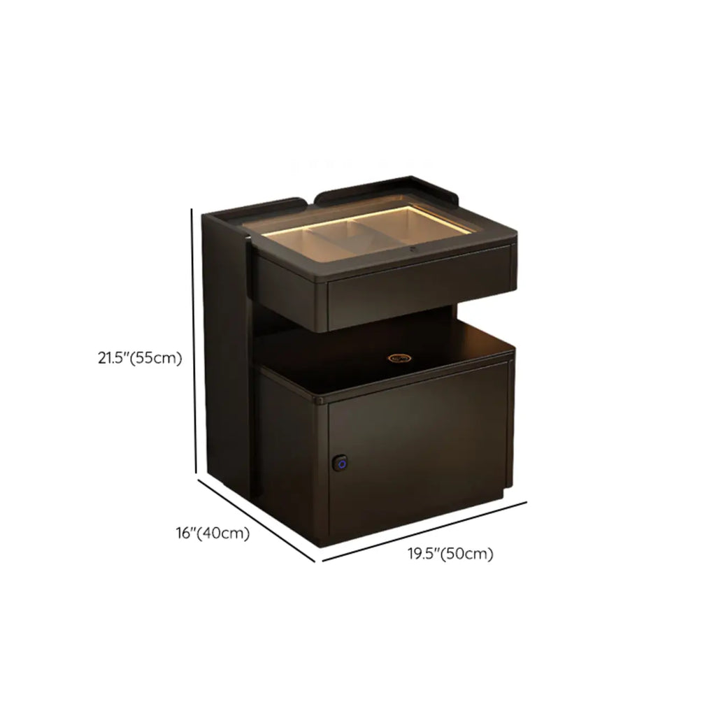 Table de chevet moderne avec tiroir et porte USB intégrés, plateau en verre noir et armoire