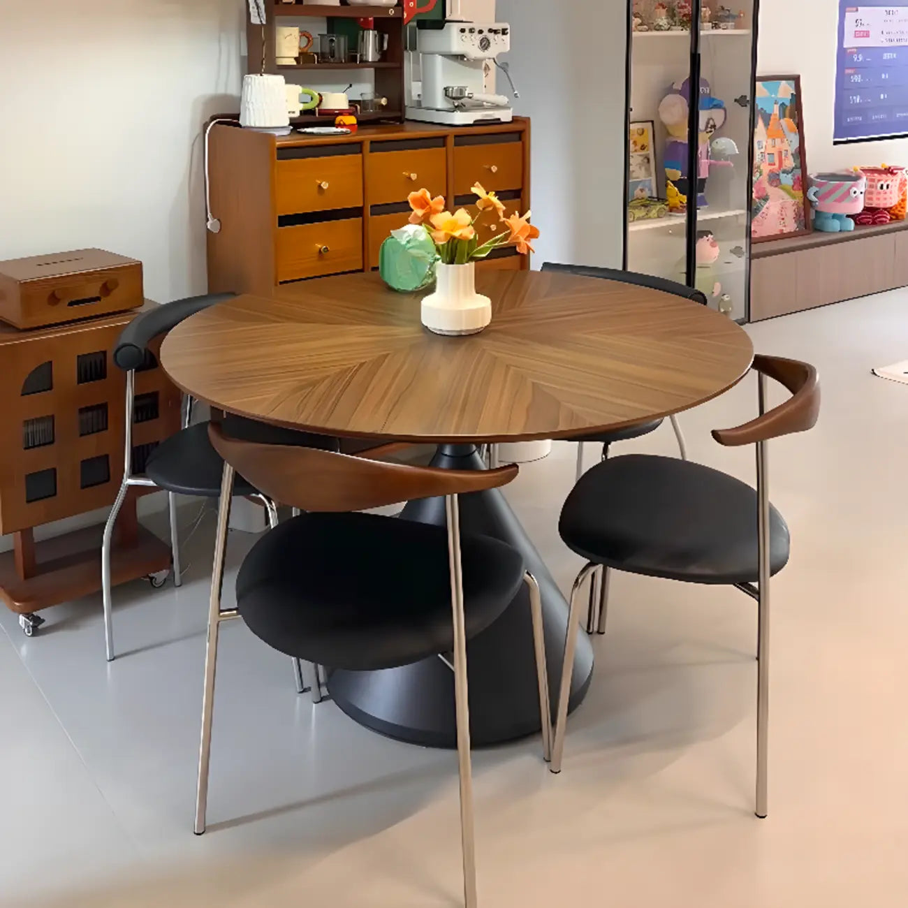 Table de salle à manger moderne ronde en bois brun avec piètement conique en métal