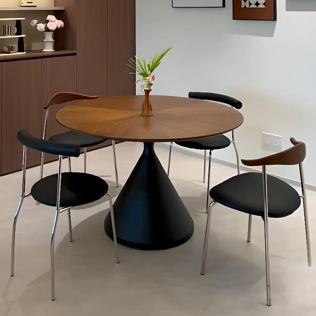 Table de salle à manger moderne ronde en bois brun avec piètement conique en métal