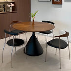 Table de salle à manger moderne ronde en bois brun avec piètement conique en métal
