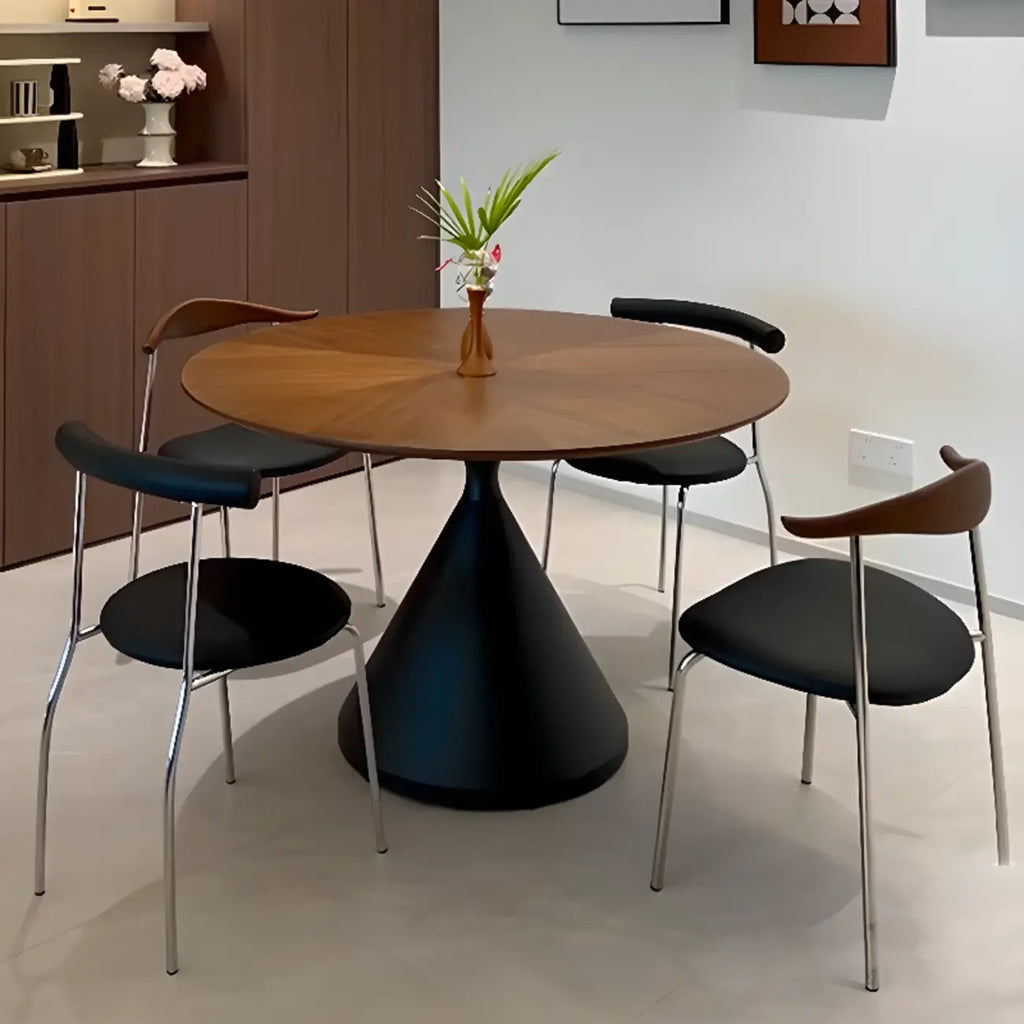 Table de salle à manger moderne ronde en bois brun avec piètement conique en métal
