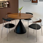 Table de salle à manger moderne ronde en bois brun avec piètement conique en métal