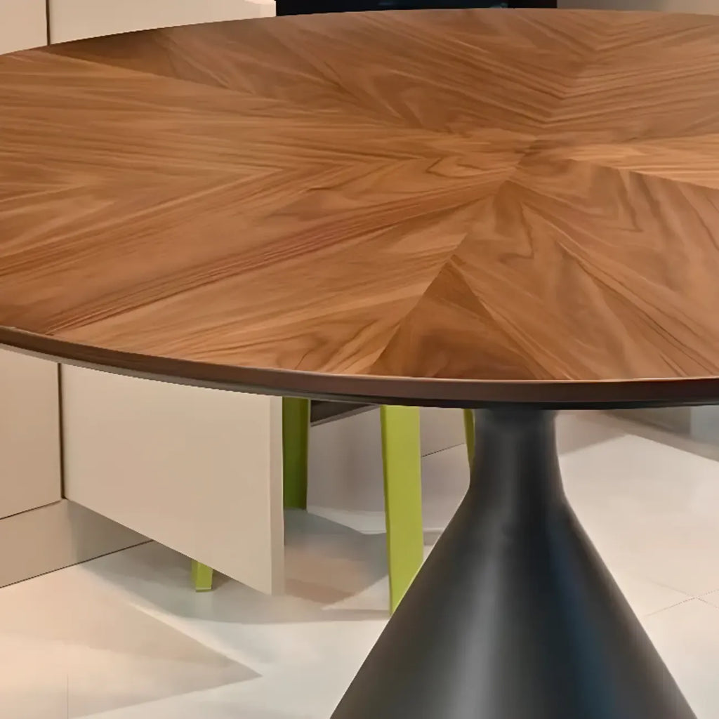 Table de salle à manger moderne ronde en bois brun avec piètement conique en métal