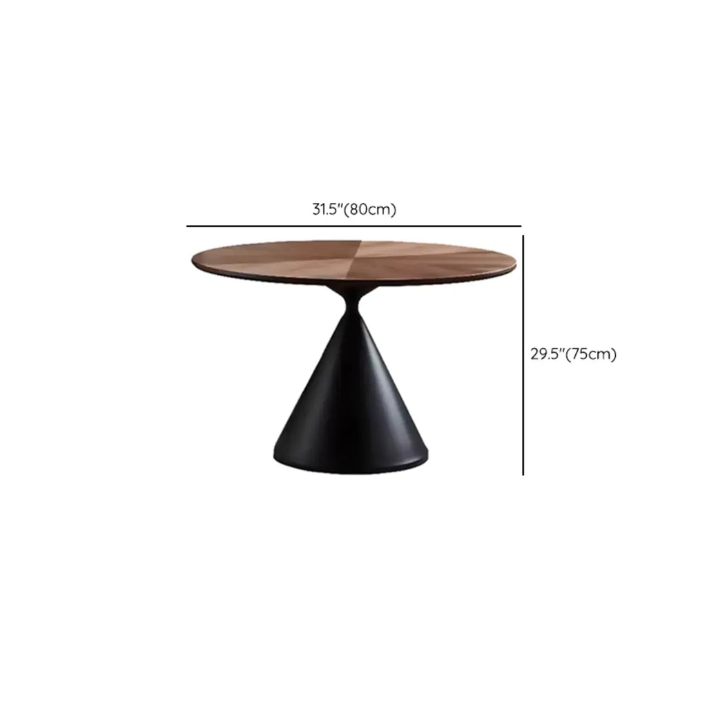 Table de salle à manger moderne ronde en bois brun avec piètement conique en métal