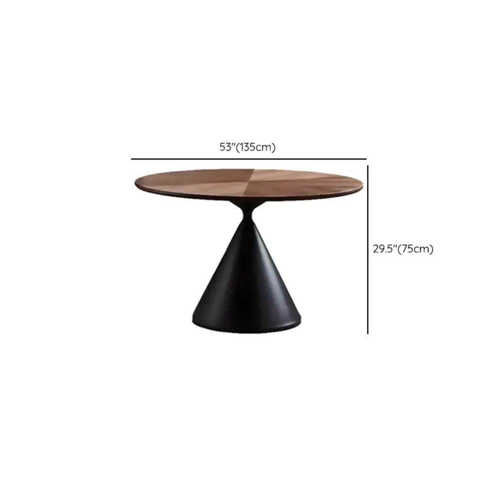 Table de salle à manger moderne ronde en bois brun avec piètement conique en métal