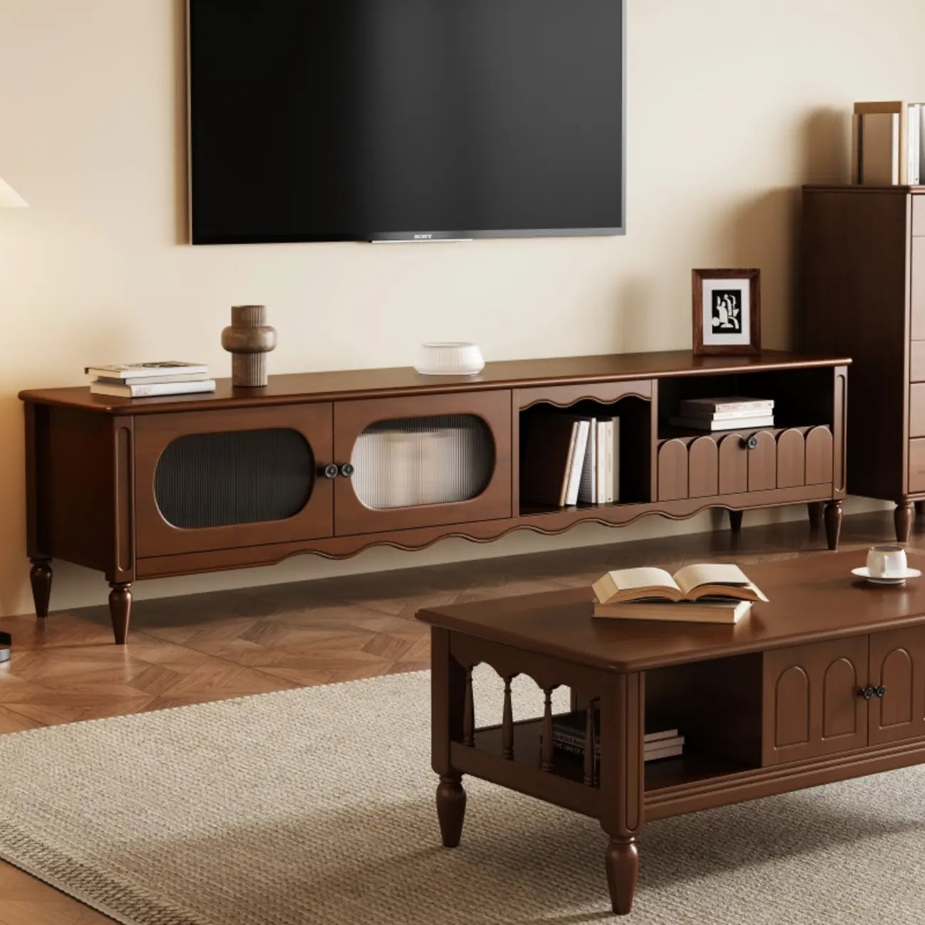 Meuble TV moderne en bois avec étagères et rangement