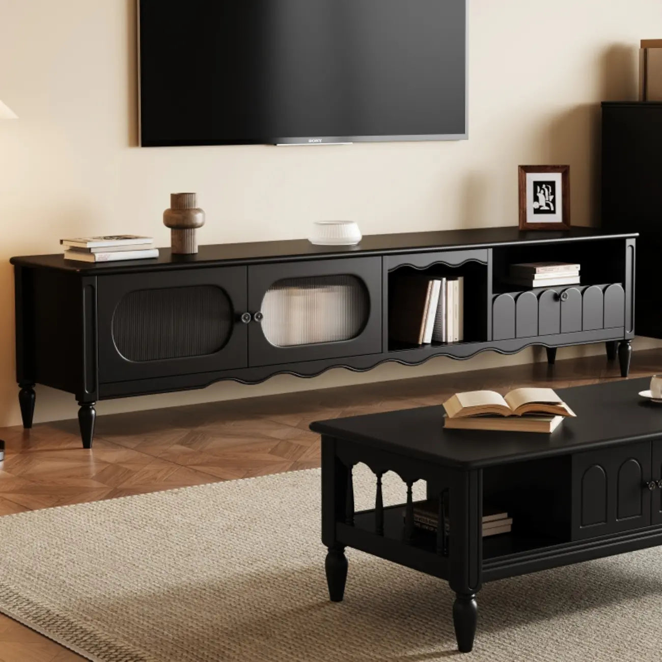Meuble TV moderne en bois avec étagères et rangement
