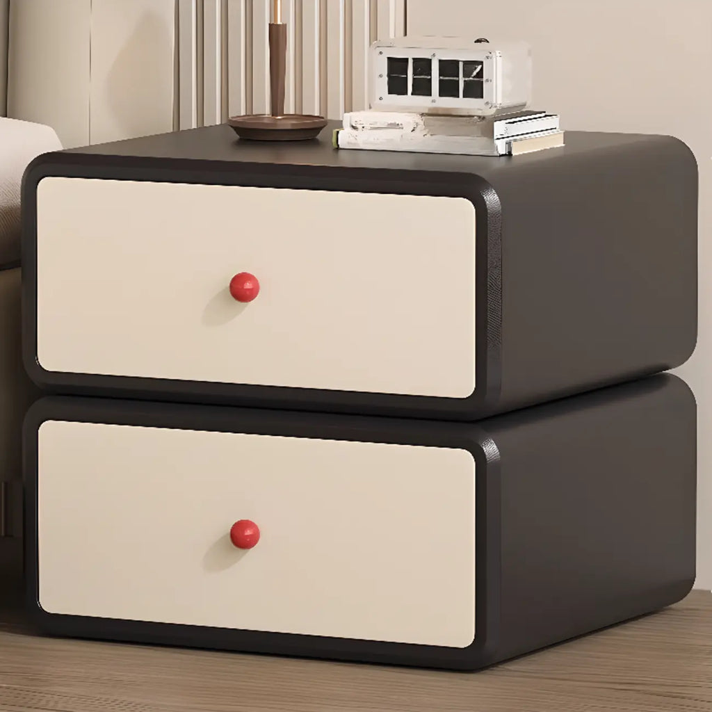 Table de chevet Art Déco en bois et similicuir avec poignées boules rouges, 2 tiroirs
