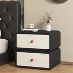 Table de chevet Art Déco en bois et similicuir avec poignées boules rouges, 2 tiroirs