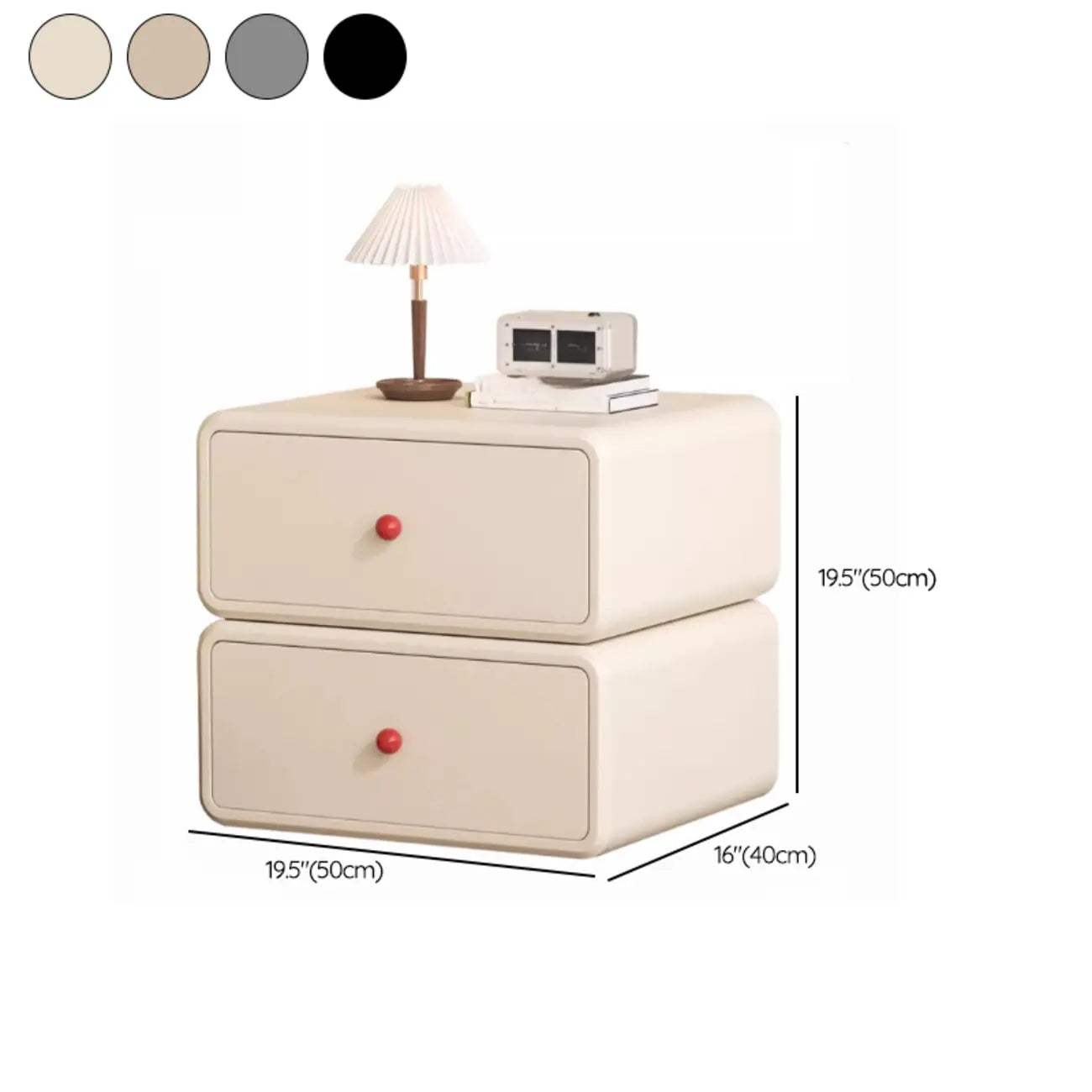 Table de chevet Art Déco en bois et similicuir avec poignées boules rouges, 2 tiroirs