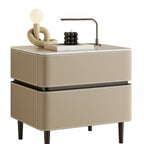 Table de chevet moderne à deux tiroirs arrondis avec plateau en simili marbre et revêtement en cuir