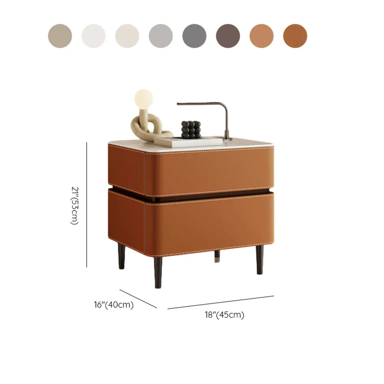 Table de chevet moderne à deux tiroirs arrondis avec plateau en simili marbre et revêtement en cuir