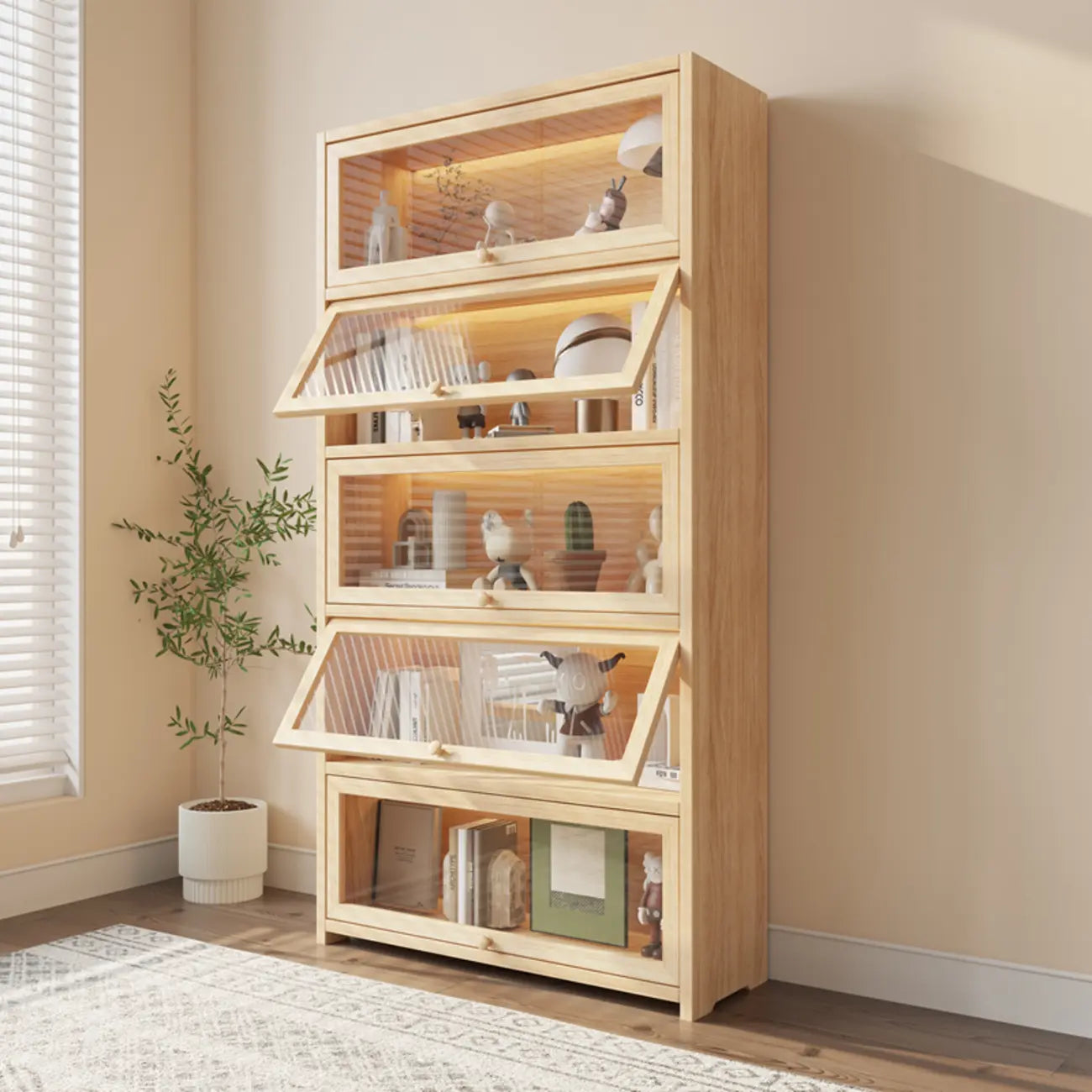 Bibliothèque vitrine classique à 5 étagères en bois massif finition naturelle