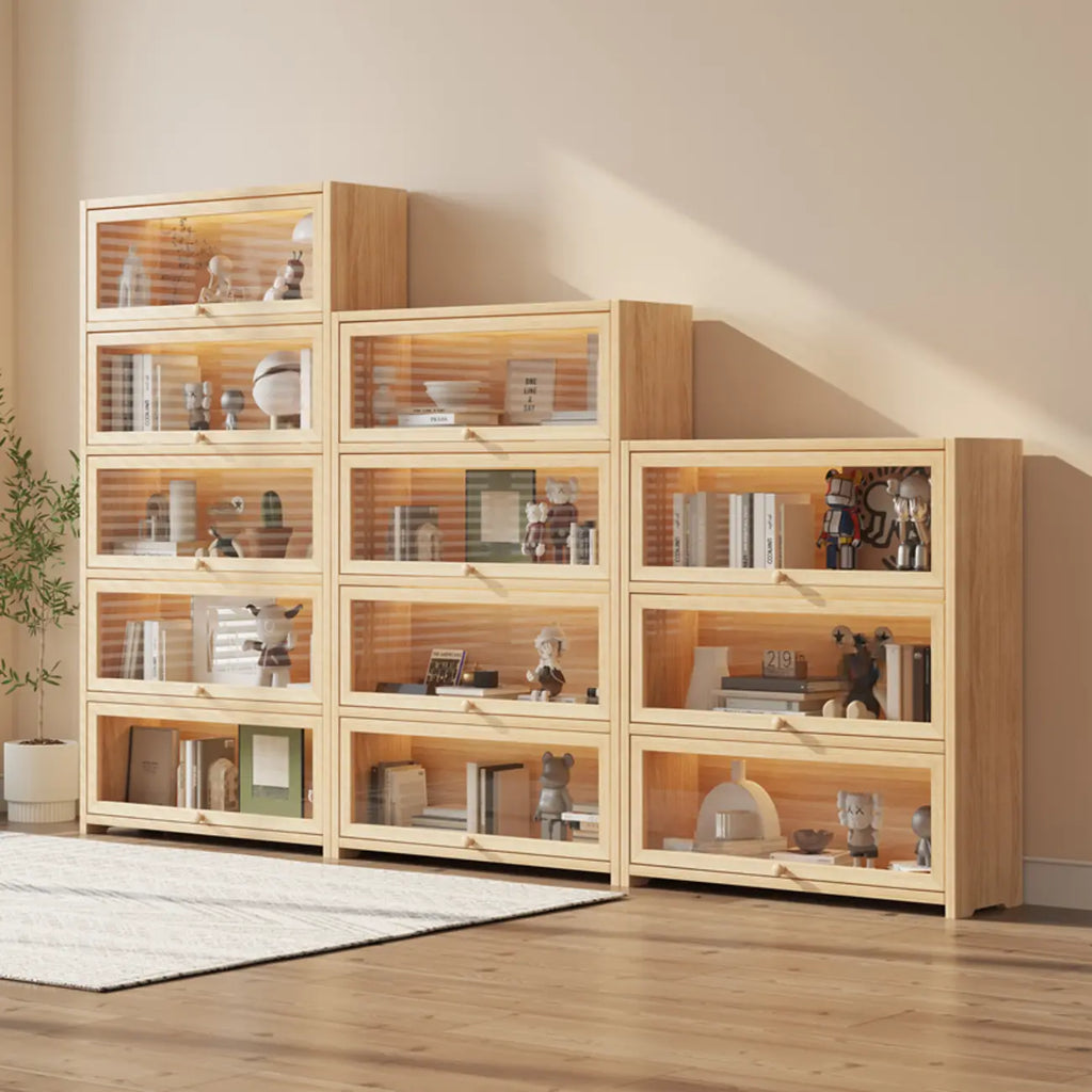 Bibliothèque vitrine classique à 5 étagères en bois massif finition naturelle