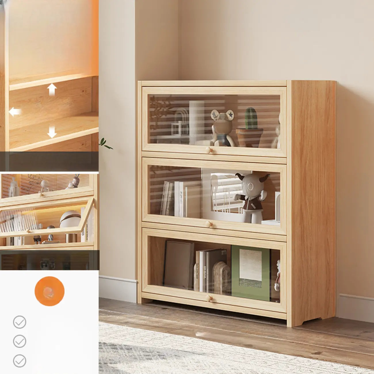 Bibliothèque vitrine classique à 5 étagères en bois massif finition naturelle