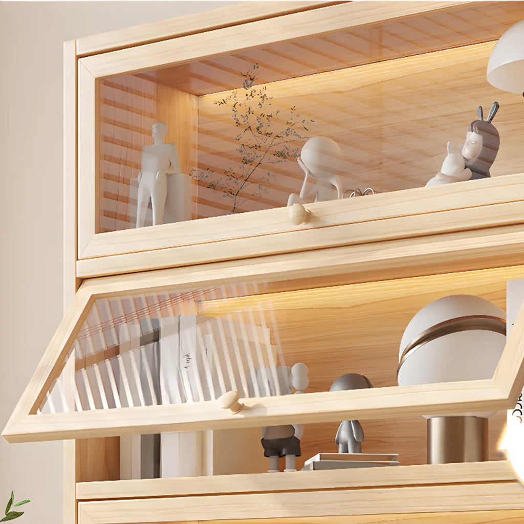 Bibliothèque vitrine classique à 5 étagères en bois massif finition naturelle