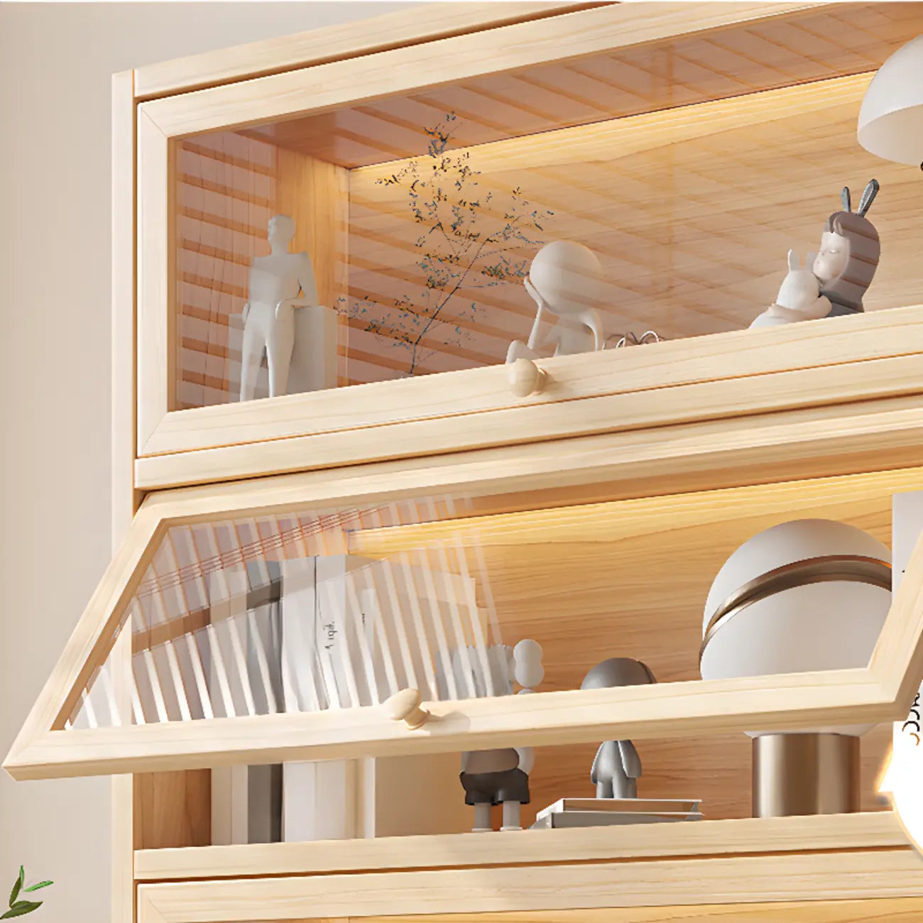 Bibliothèque vitrine classique à 5 étagères en bois massif finition naturelle
