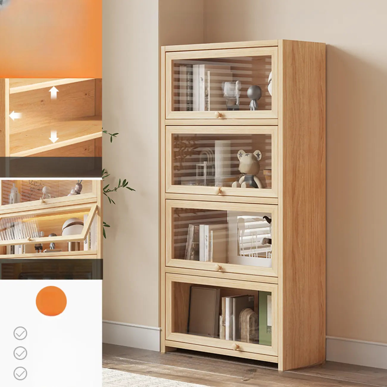 Bibliothèque vitrine classique à 5 étagères en bois massif finition naturelle