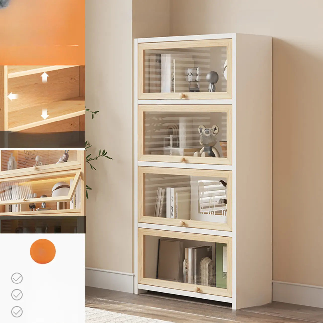 Bibliothèque vitrine classique à 5 étagères en bois massif finition naturelle