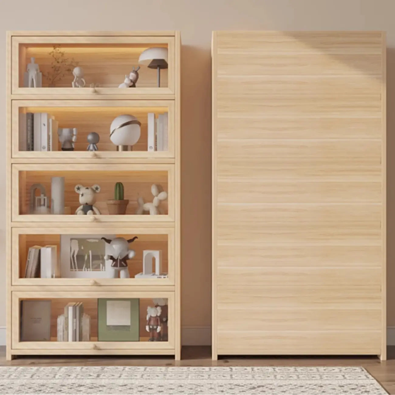 Bibliothèque vitrine classique à 5 étagères en bois massif finition naturelle