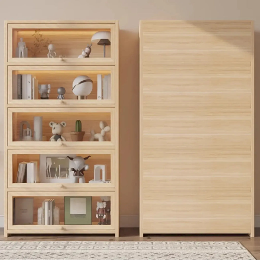 Bibliothèque vitrine classique à 5 étagères en bois massif finition naturelle