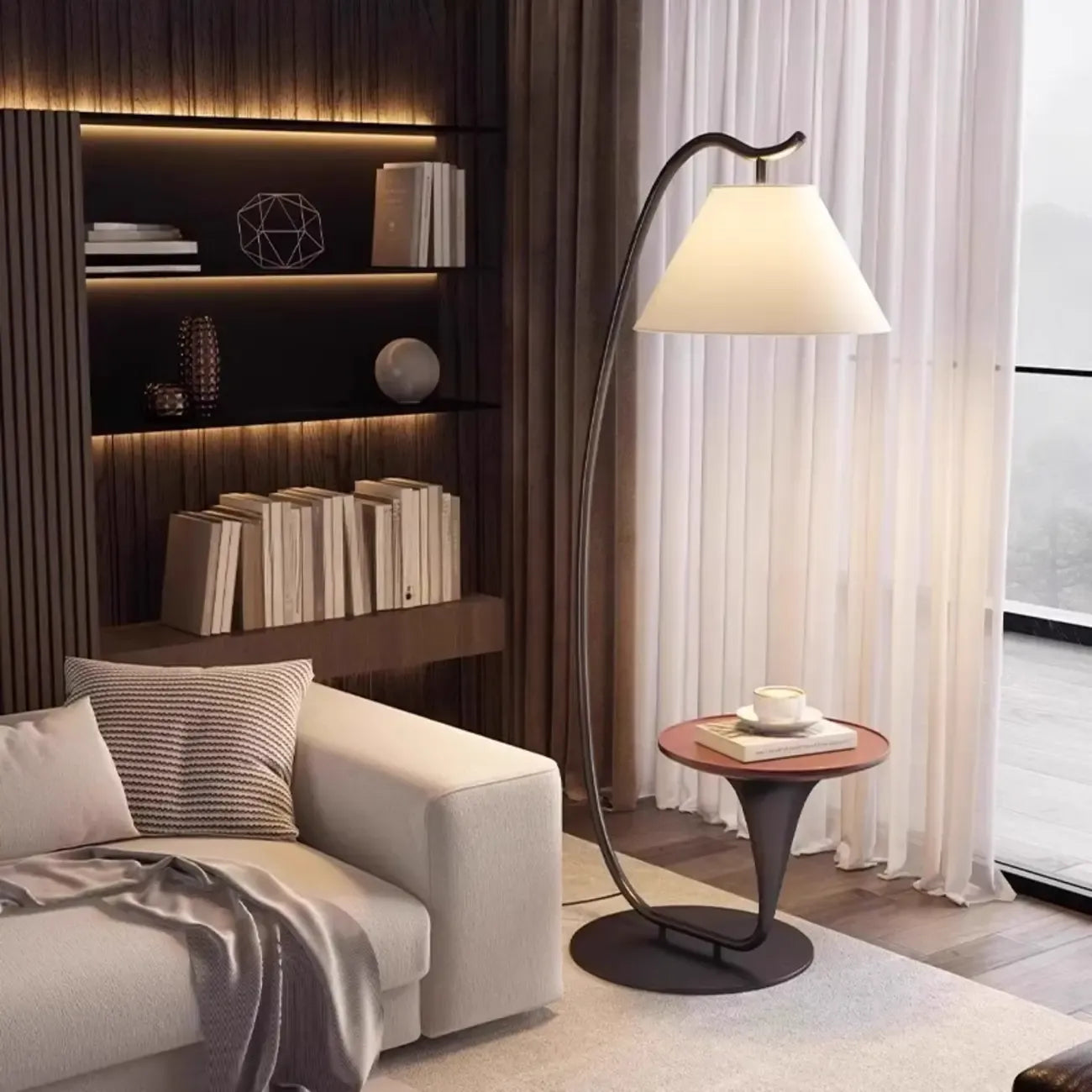 Lampadaire minimaliste en noyer avec table et abat-jour en tissu