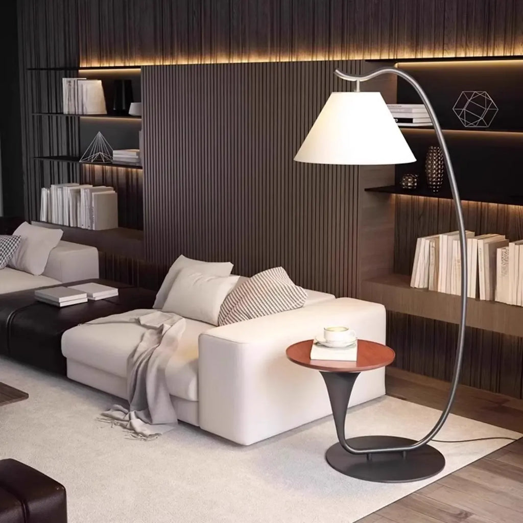 Lampadaire minimaliste en noyer avec table et abat-jour en tissu