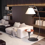 Lampadaire minimaliste en noyer avec table et abat-jour en tissu