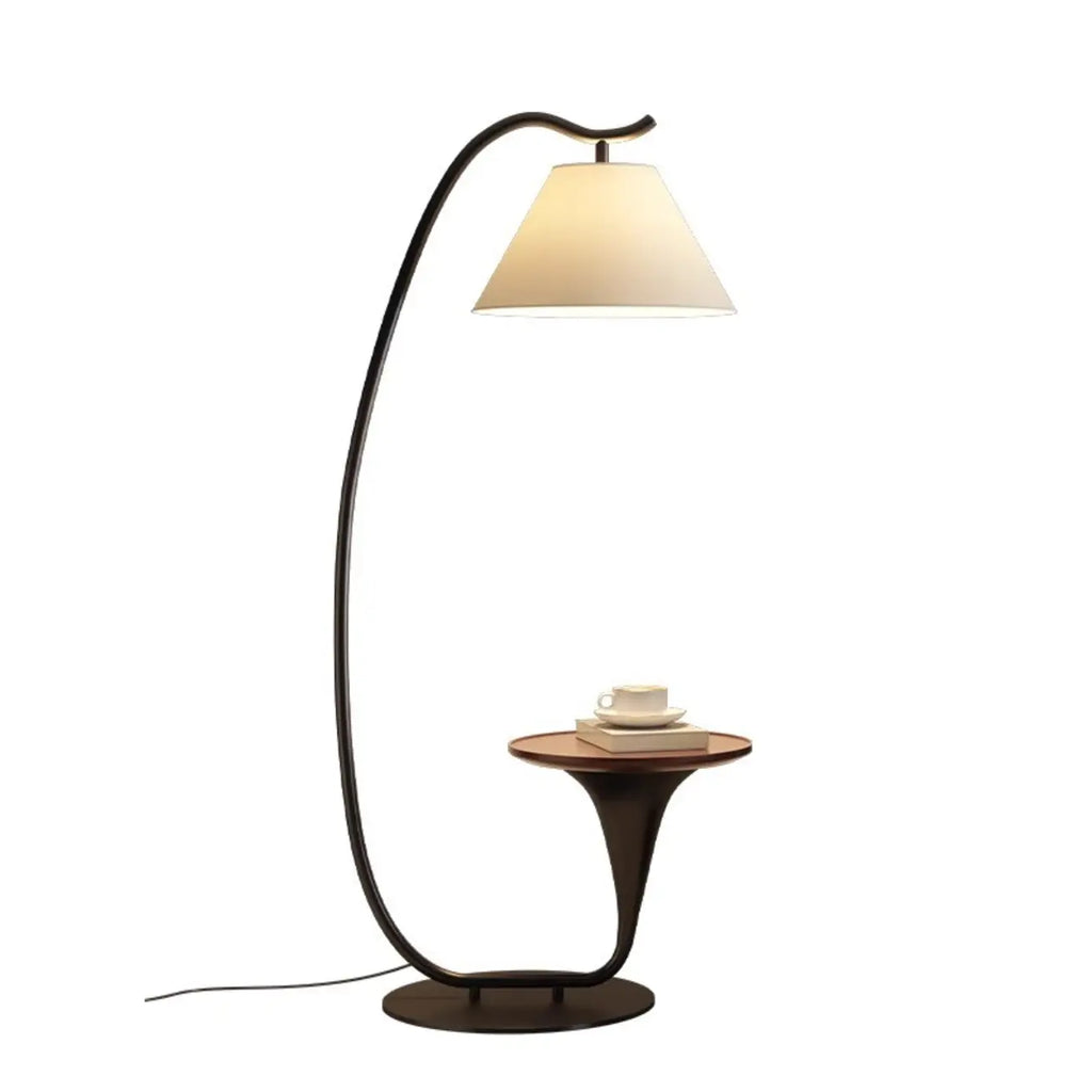 Lampadaire minimaliste en noyer avec table et abat-jour en tissu
