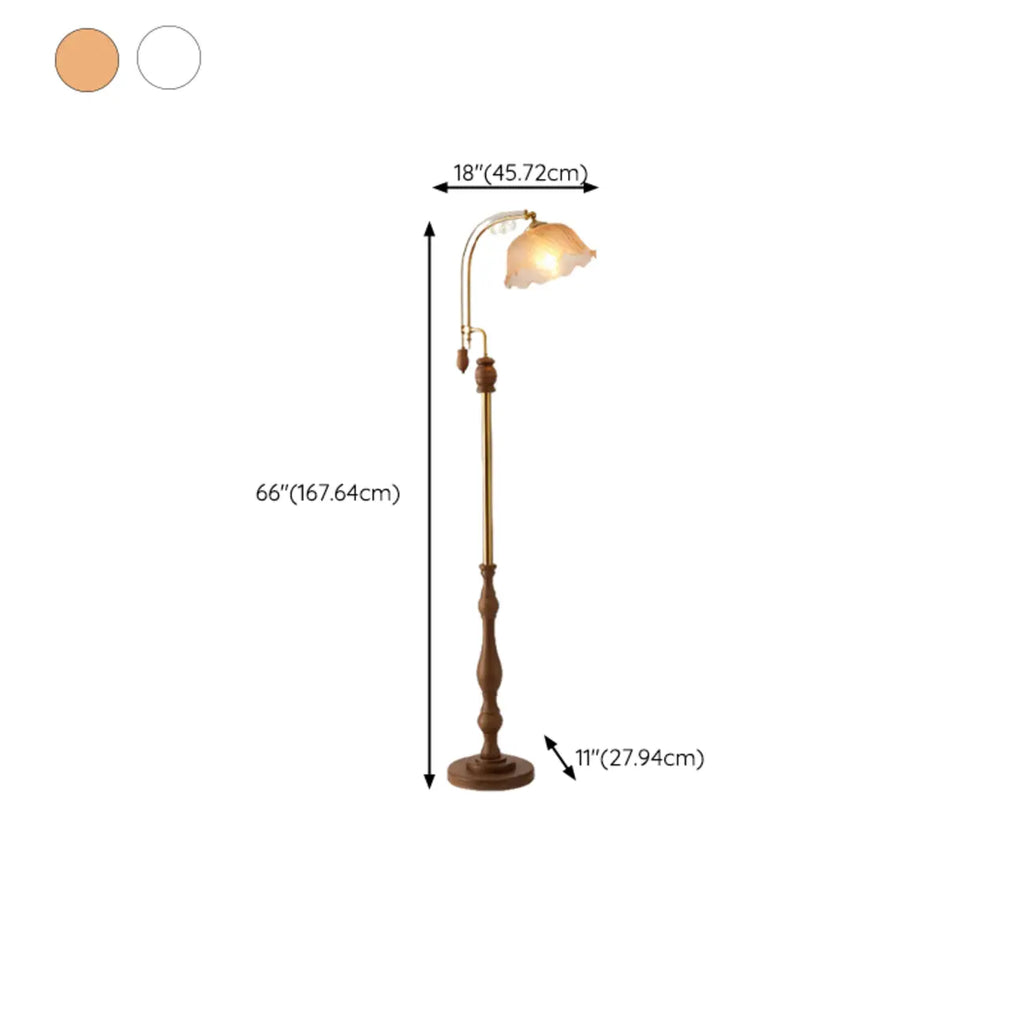 Lampadaire classique en noyer, verre, abat-jour floral et métal arqué